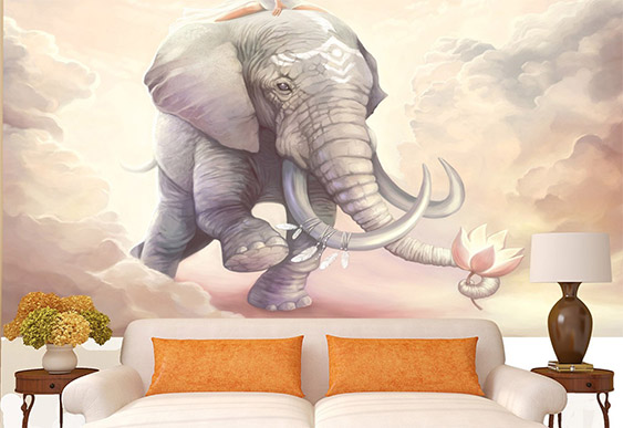 Fototapet pentru copii - Fata călare pe un elefant cu o floare de lotus