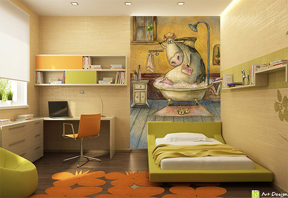 Fototapet pentru copii - Vacă amuzanta în duș