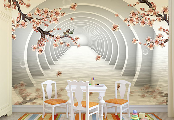 Fototapet cu efect 3D - Tunel și cireșe