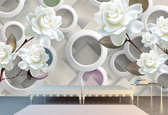 Fototapet cu efect 3D - Cercuri, flori albi