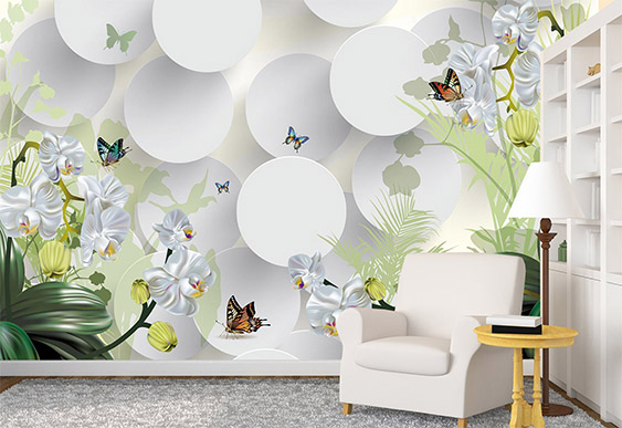 Fototapet cu efect 3D - Cercuri albi si Orhidee