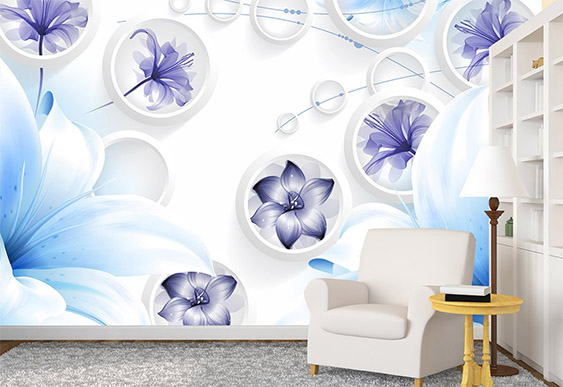 Fototapet cu efect 3D - Crini albastre pe fundal deschis cu cercuri