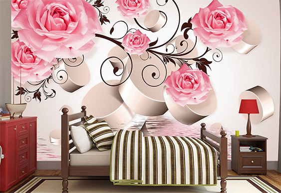 Fototapet cu efect 3D - Cilindri, trandafiri