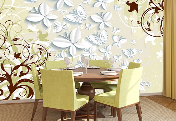 Фотообои с 3D эффектом - Светлый фон с завитками и бабочки