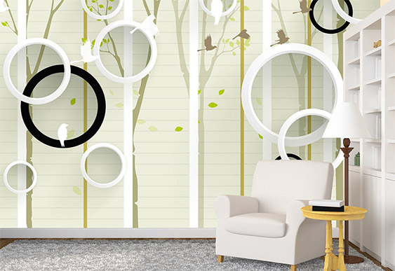 Fototapet cu efect 3D - Cercuri, copaci si pasari