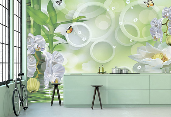 Fototapet cu efect 3D - Cercuri albi si Orhidee