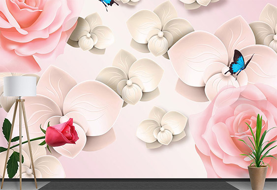 Fototapet cu efect 3D - Trandafiri cu cercuri pe fundal deschis