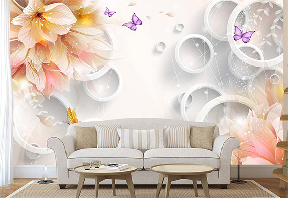 Fototapet cu efect 3D - Cercuri cu flori abstracte pe fundal deschis_2