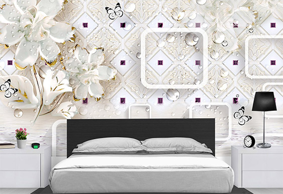 Фотообои с 3D эффектом - Светлые обои с бабочками и квадратами и цветы