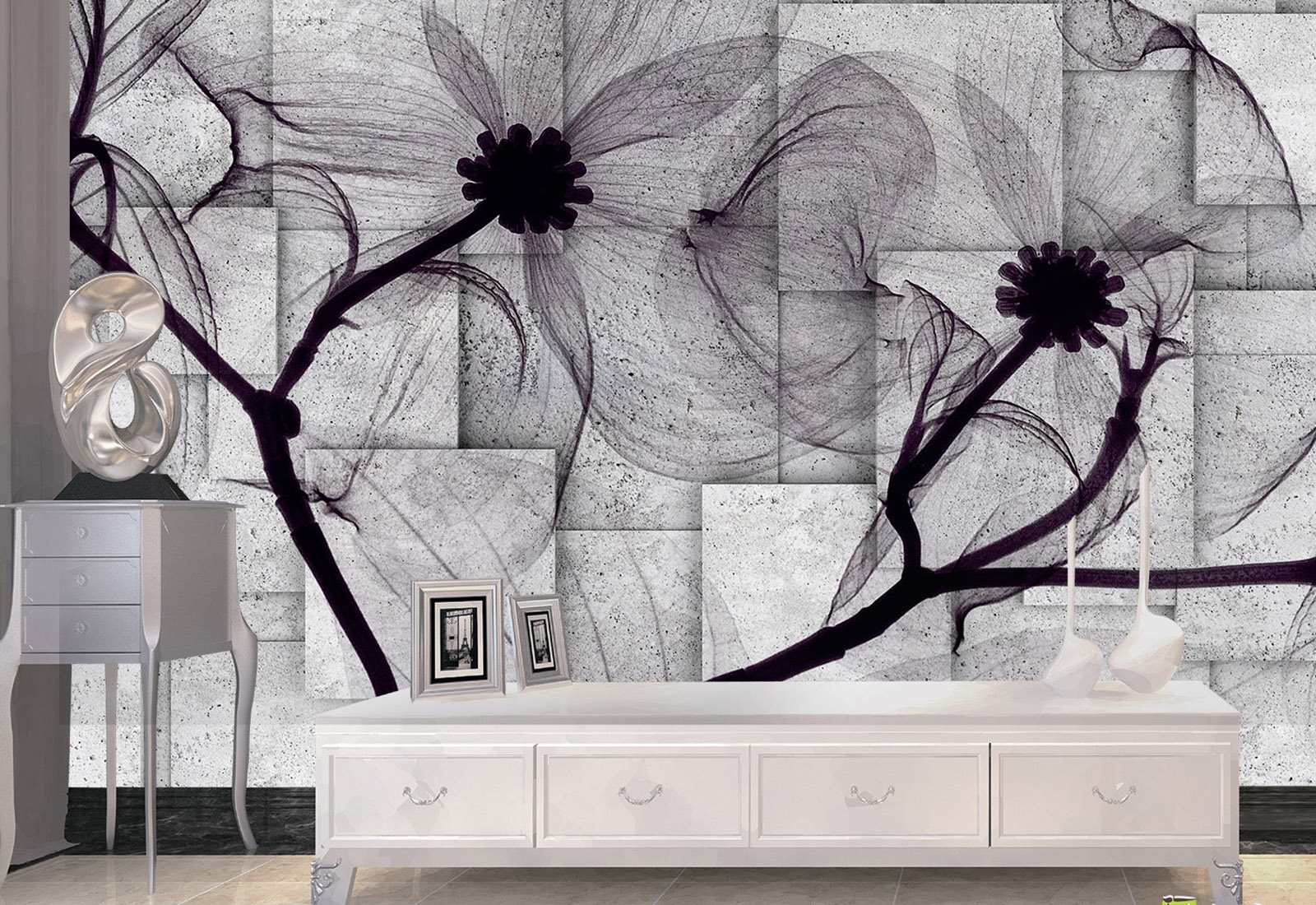 Fototapet - Pătrate de beton și flori decorative