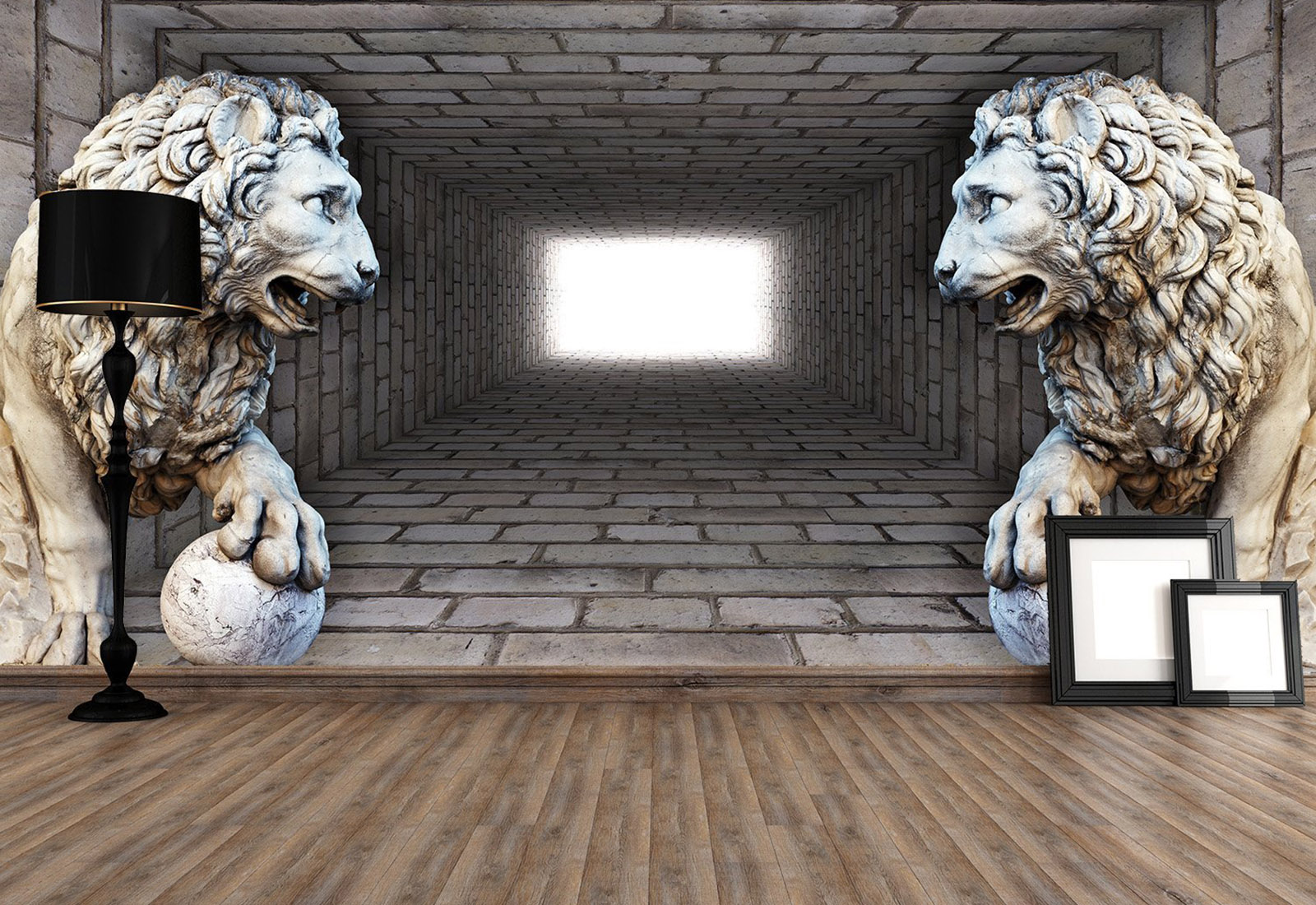 Фотообои Кишинев - Перспектива помещения, львы и тоннель в серых тонах
