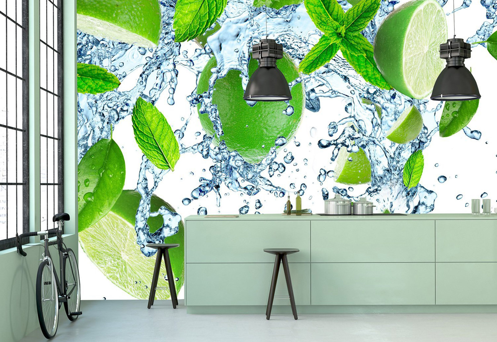 Фотообои на заказ - Лимон и мята в брызгах воды