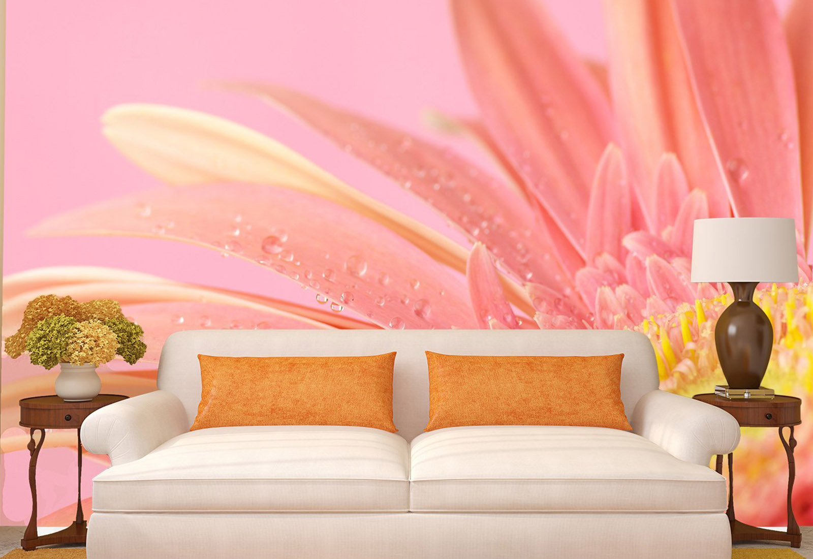 Fototapet Flori - Gerbera roz, cu picături de apă