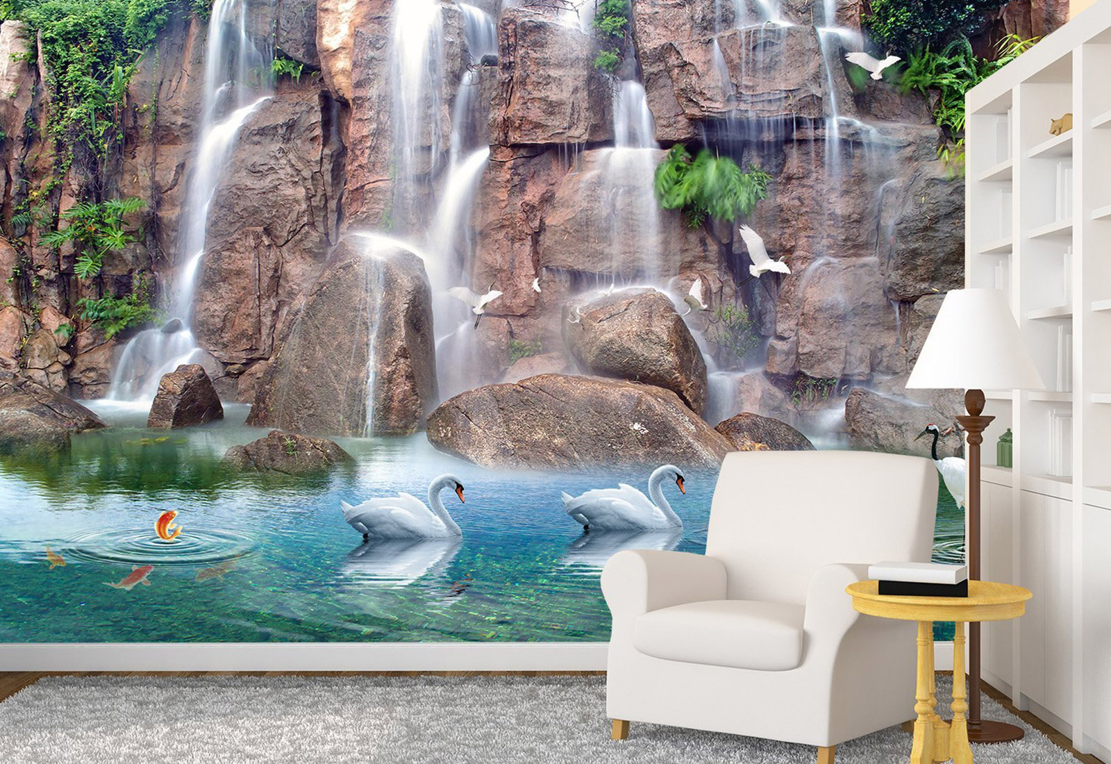 Tapeta - Cascada cu lebede în stil art
