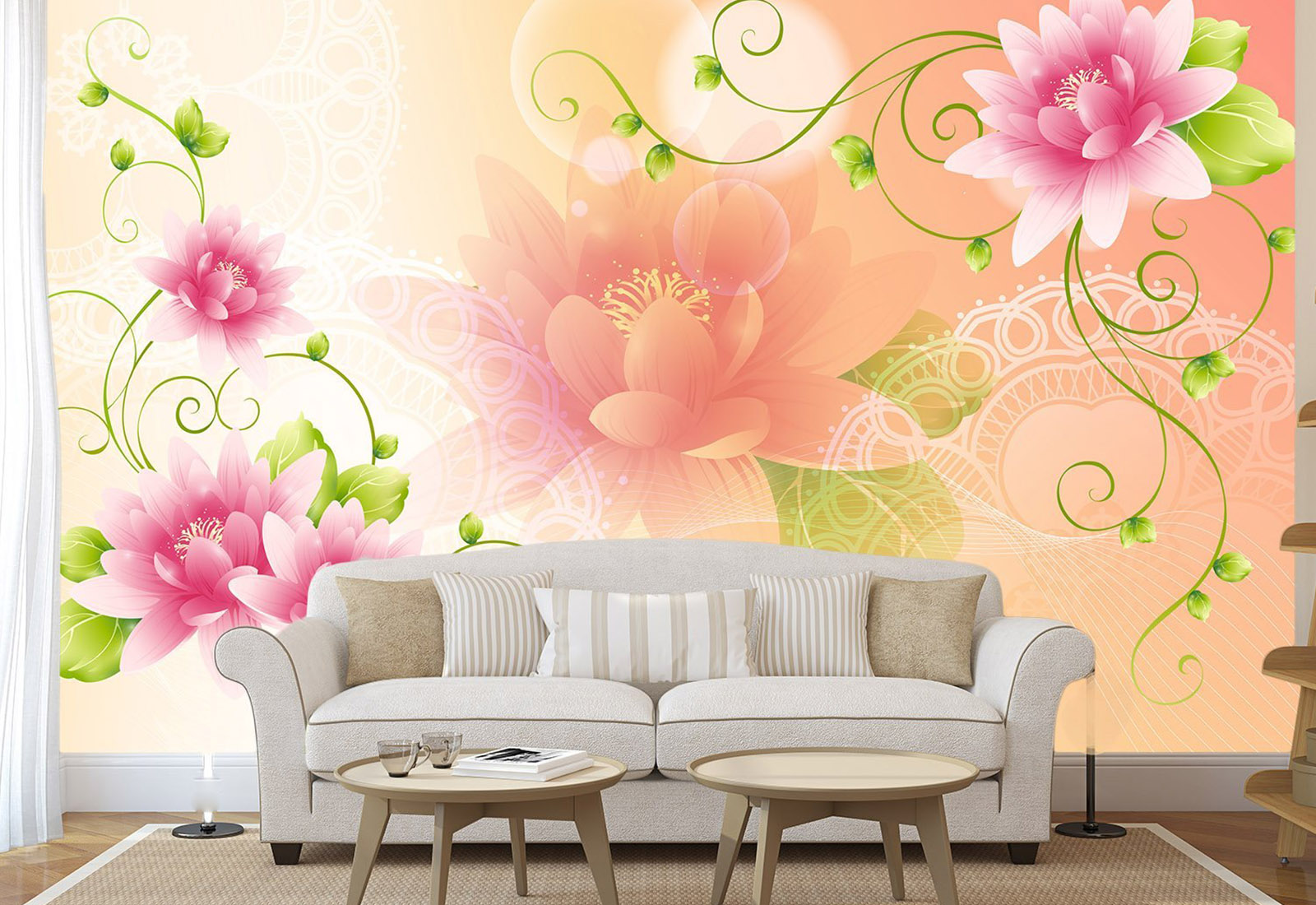 Fototapet Flori - Flori roz cu bucle pe un fon delicat