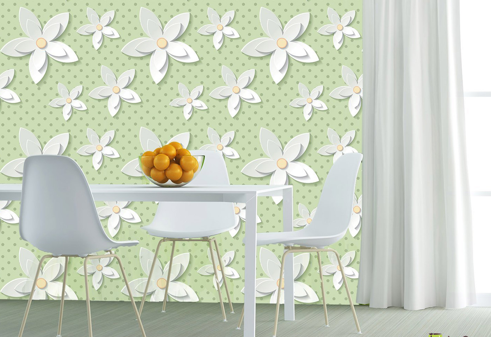 Fototapet cu efect 3D - Flori pe fundal verde deschis