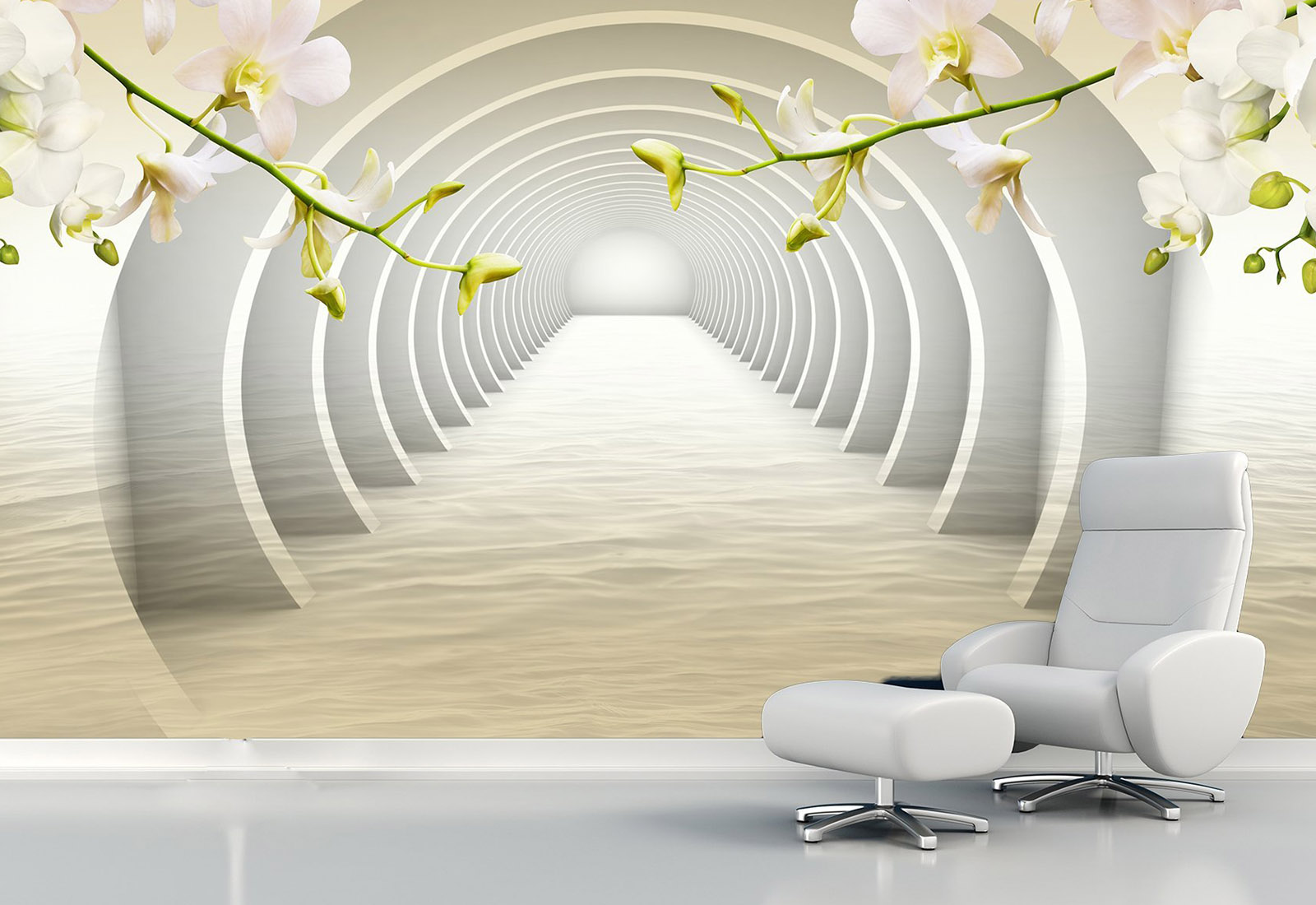 Fototapet cu efect 3D - Tunel și orhidee