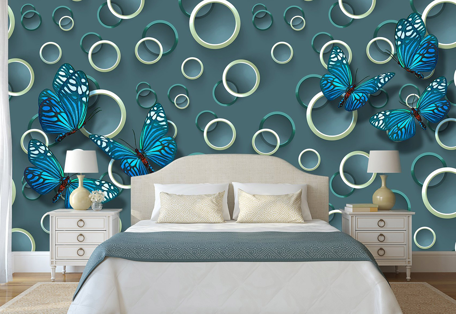 Фотообои с 3D эффектом - Круги, изумрудный фон и бабочки