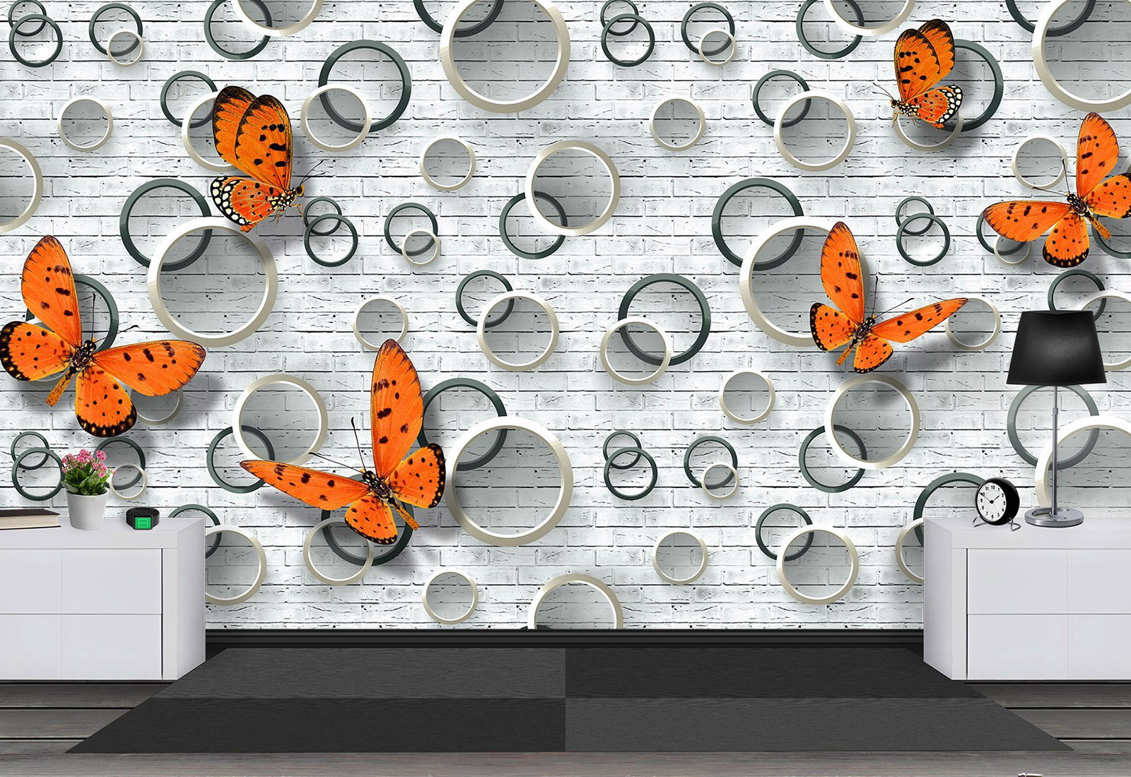 Fototapet cu efect 3D - Cercuri și fundal din cărămidă cu fluturi