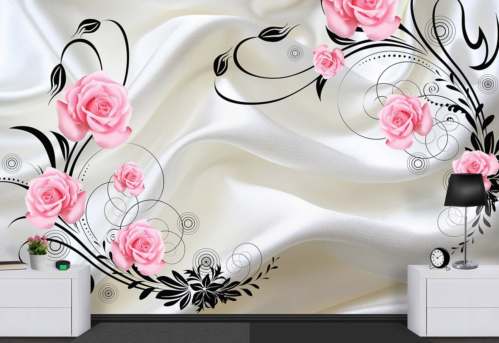 Фотообои с 3D эффектом - Розы на белом шелке