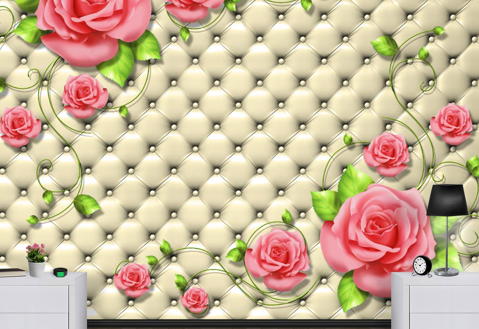 Fototapet cu efect 3D - Efectul unui material intins cu trandafiri