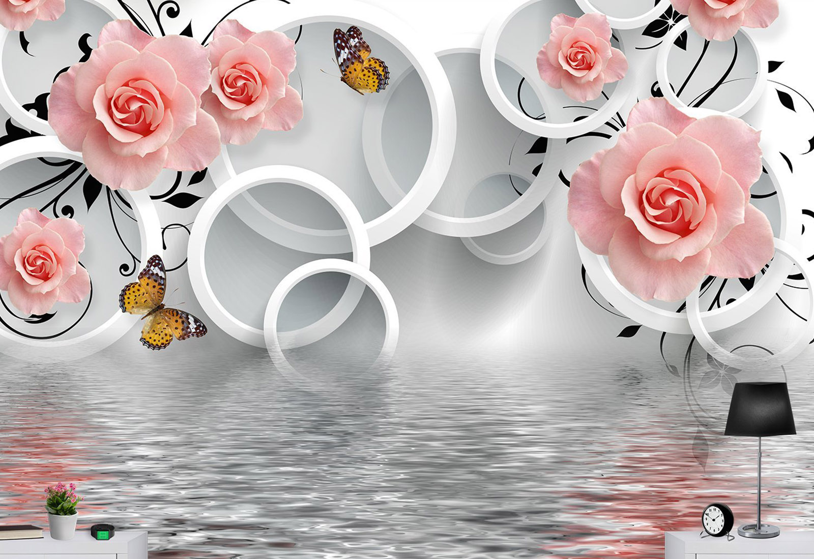 Fototapet cu 3D efect - Cercuri cu trandafiri și apă
