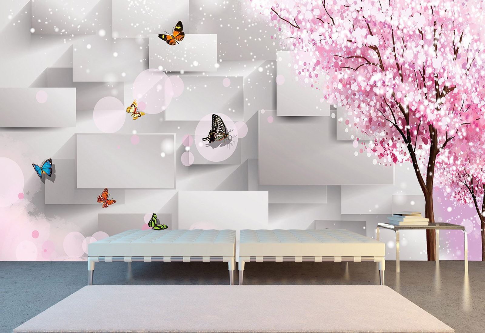 Fototapet cu efect 3D - Copac de cireș și fluturi