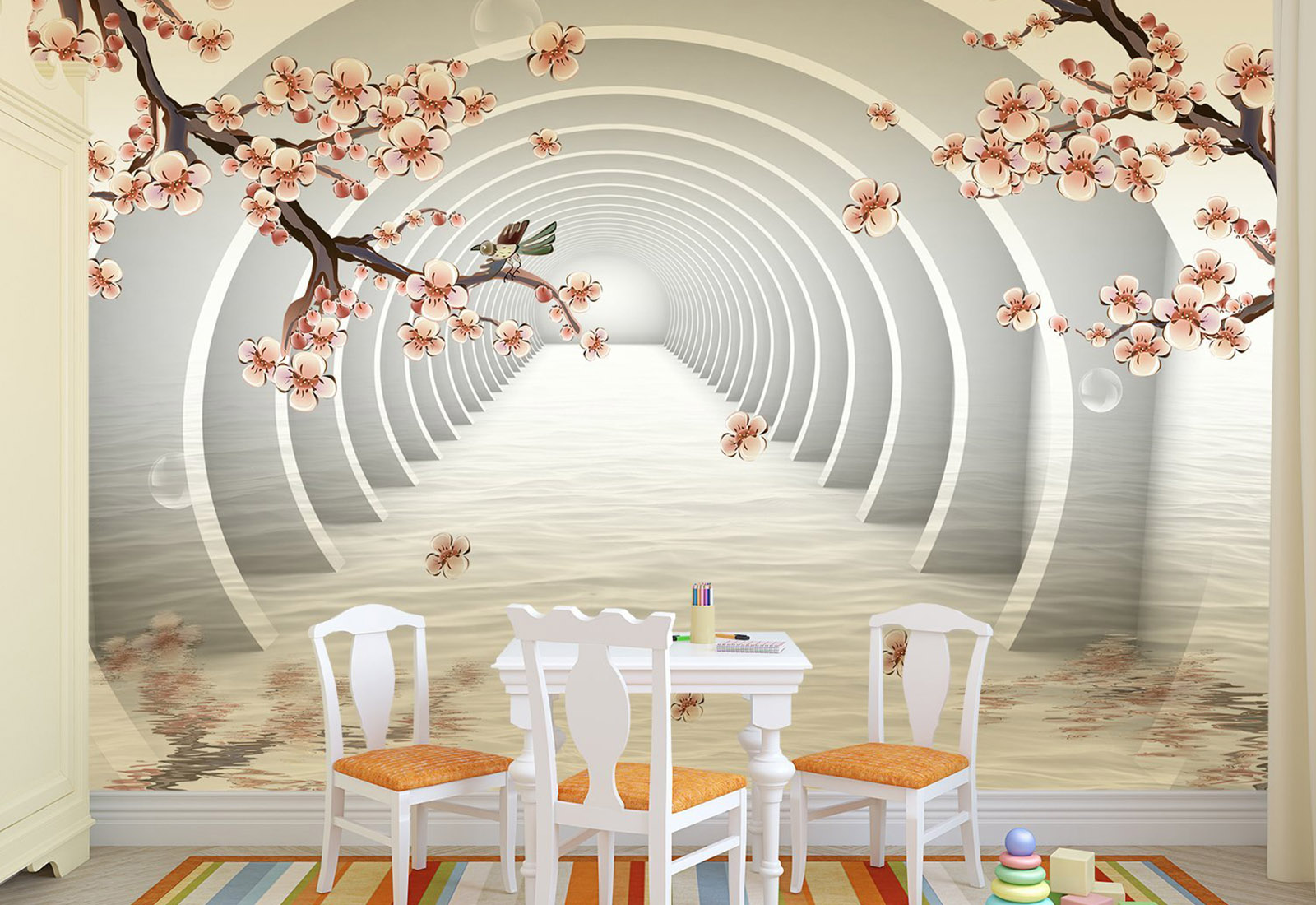 Fototapet cu efect 3D - Tunel și cireșe