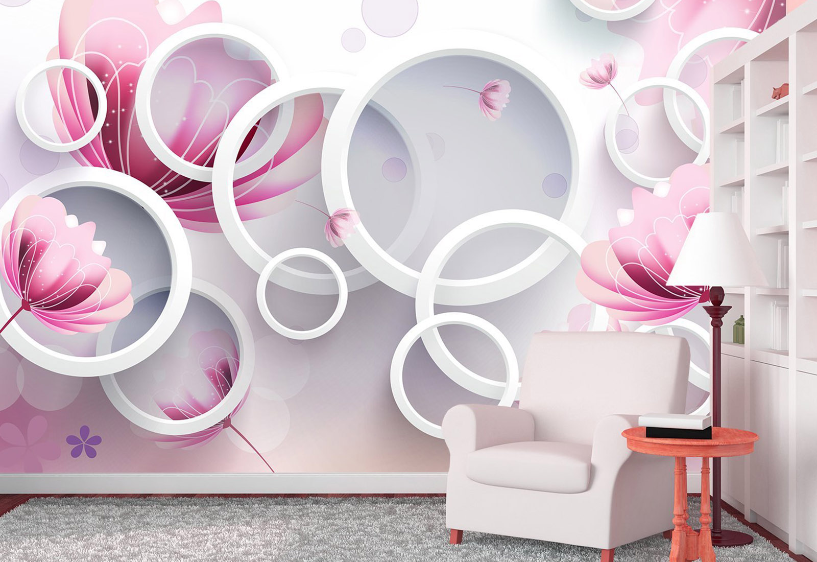 Fototapet cu efect 3D - Cercuri si flori pe un fundal blând
