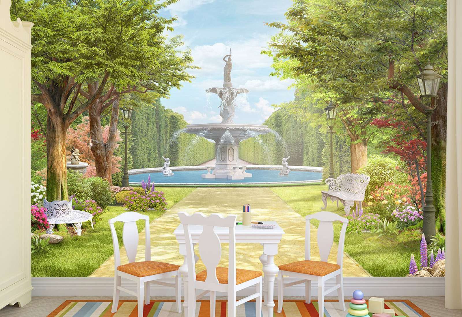 Fototapet Retro - Frescă, Stilul provensal, fântână și alee