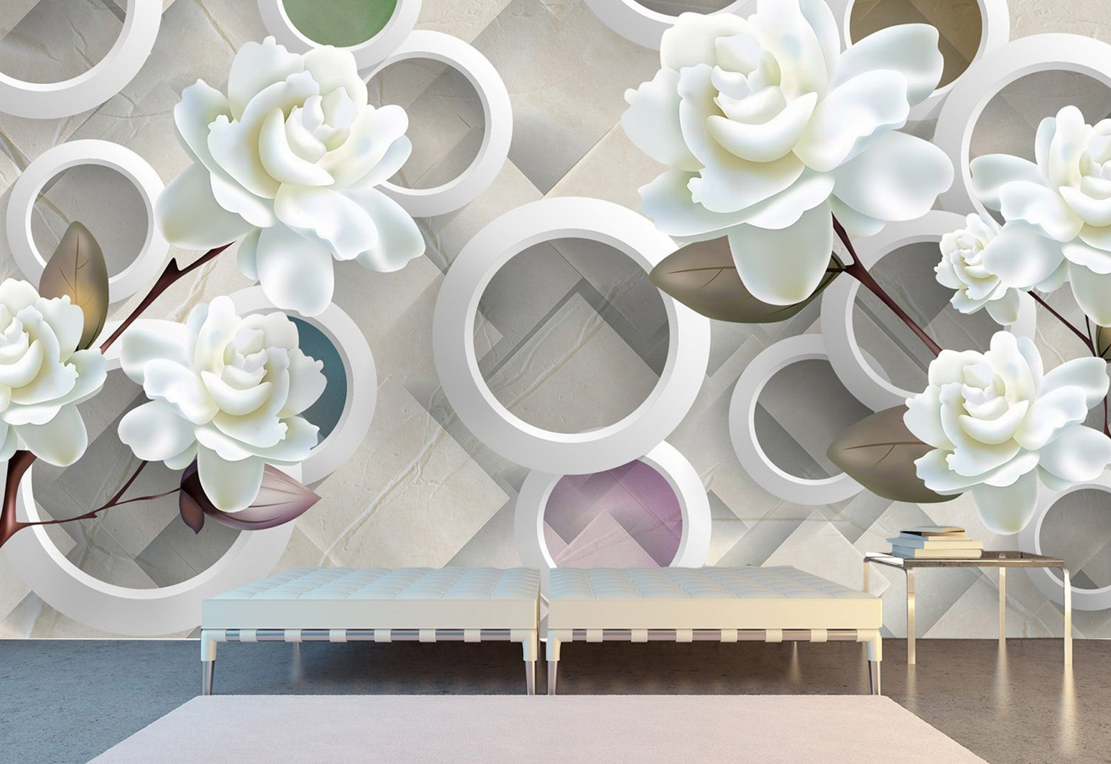Фотообои с 3D эффектом - Круги, белые цветы