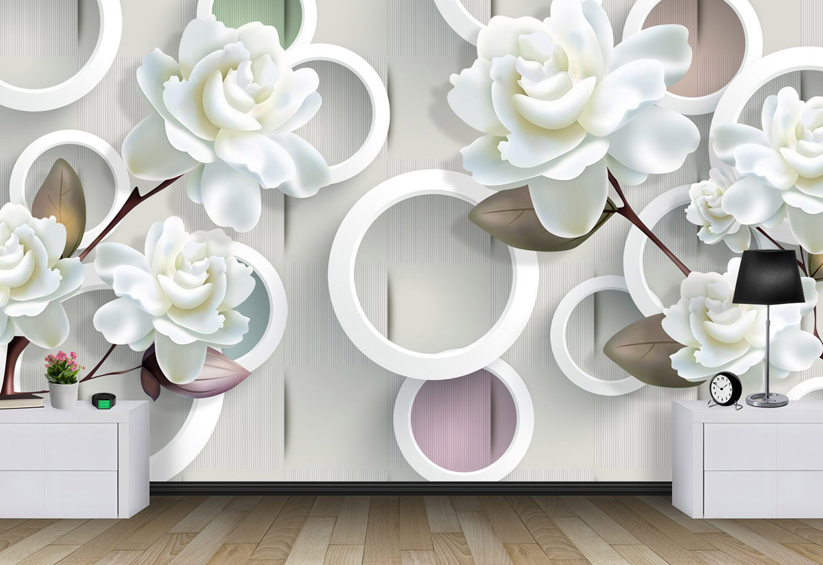 Фотообои с 3D эффектом - Круги, белые цветы_2