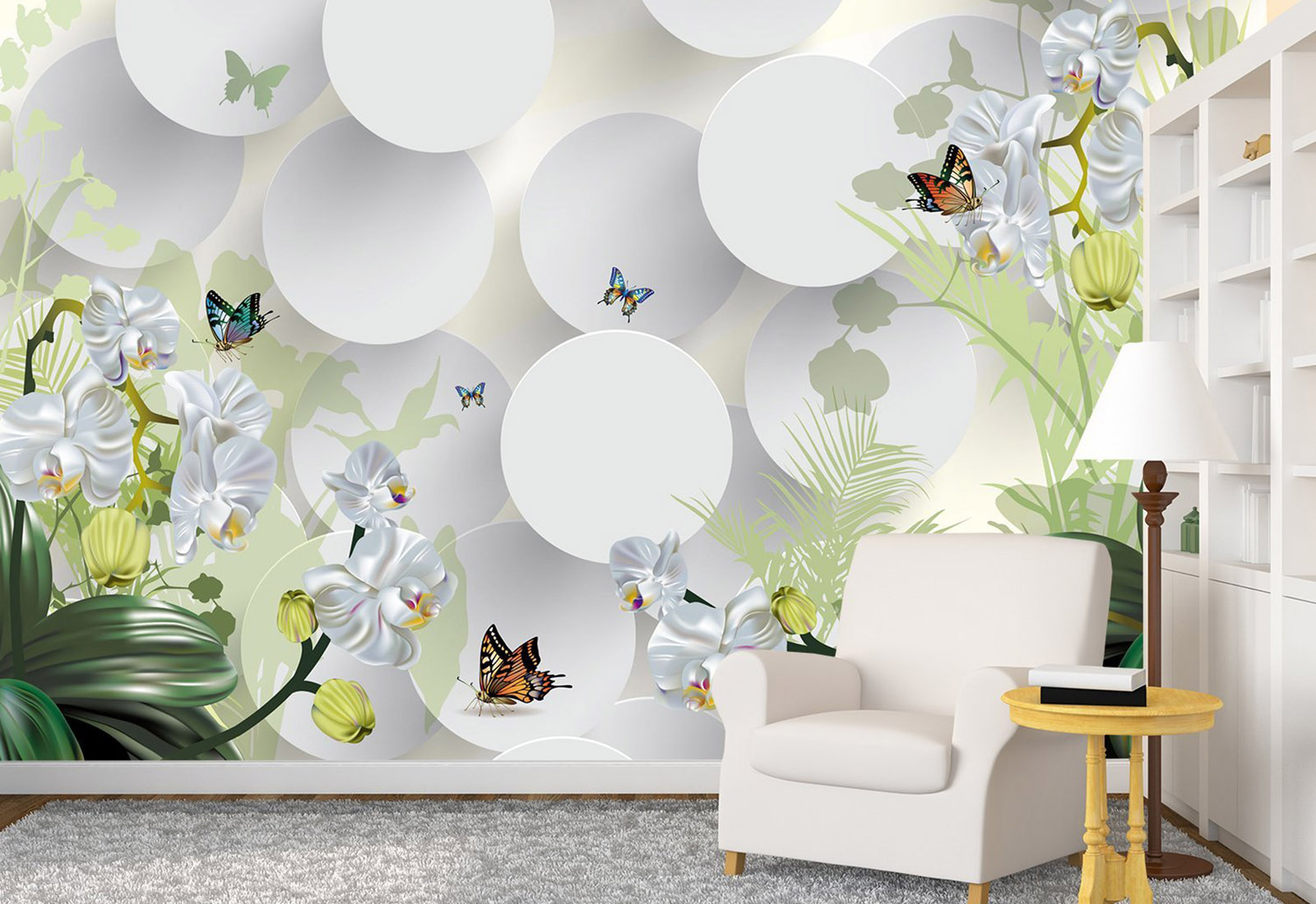 Фотообои с 3D эффектом - Круги белые и Орхидеи