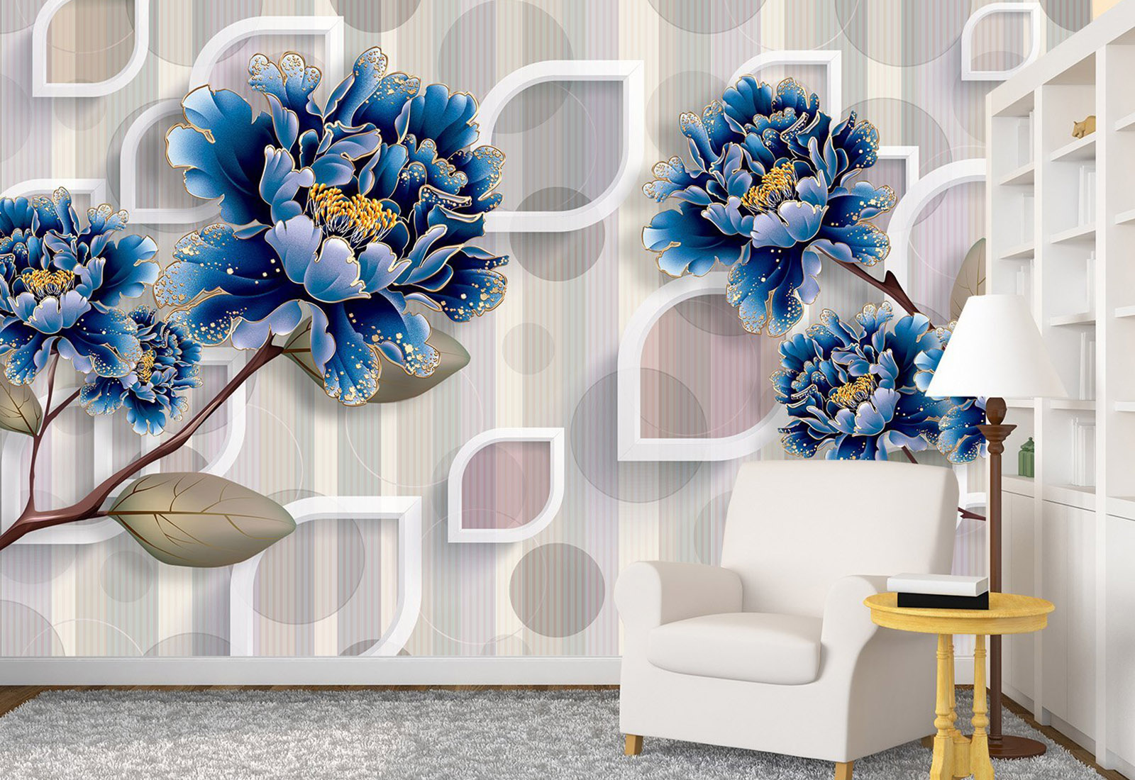 Fototapet cu efect 3D - Fondal blând cu Cercuri si crizantema albastra