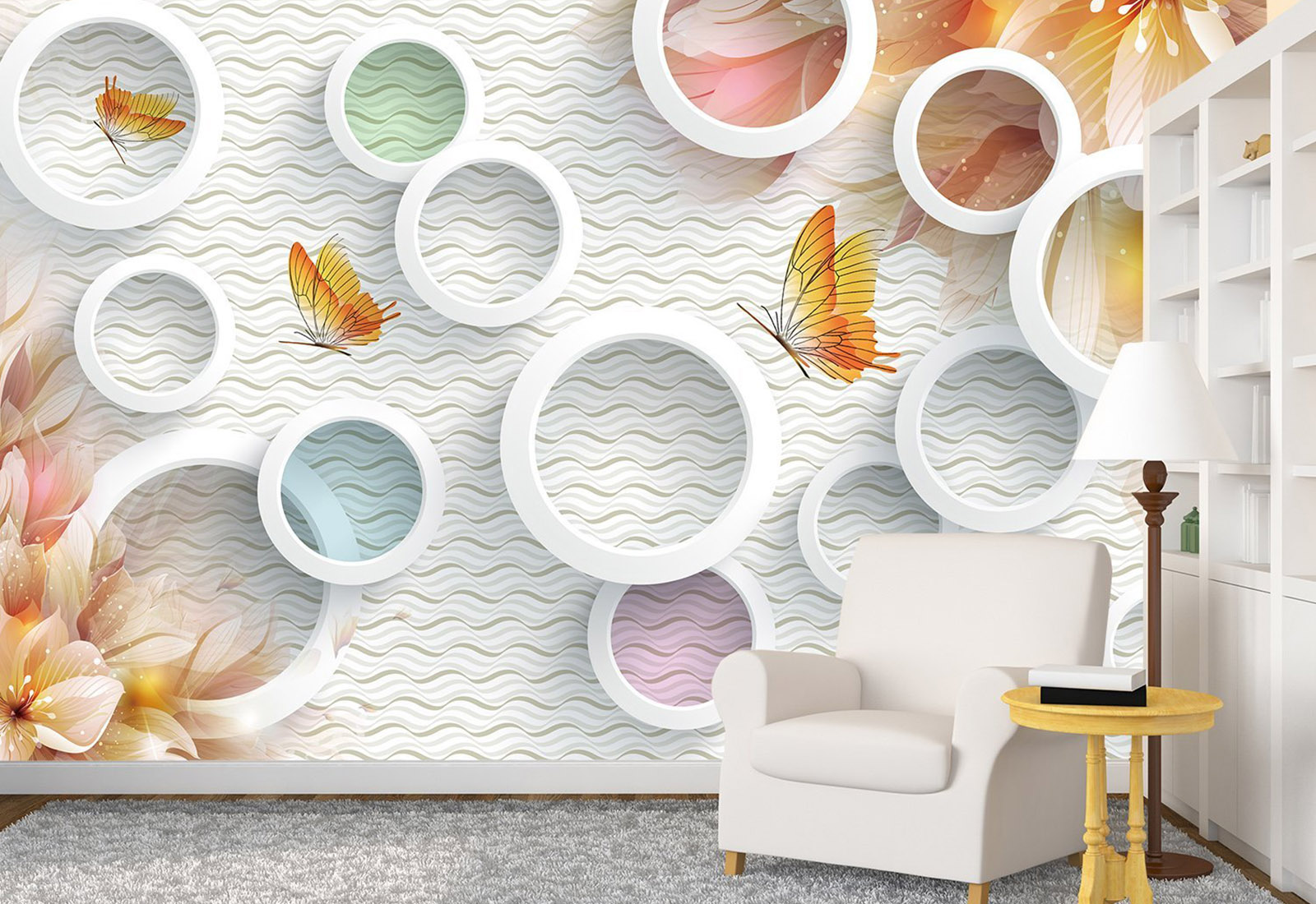 Fototapet cu efect 3D - Fundal deschis cu cercuri si flori