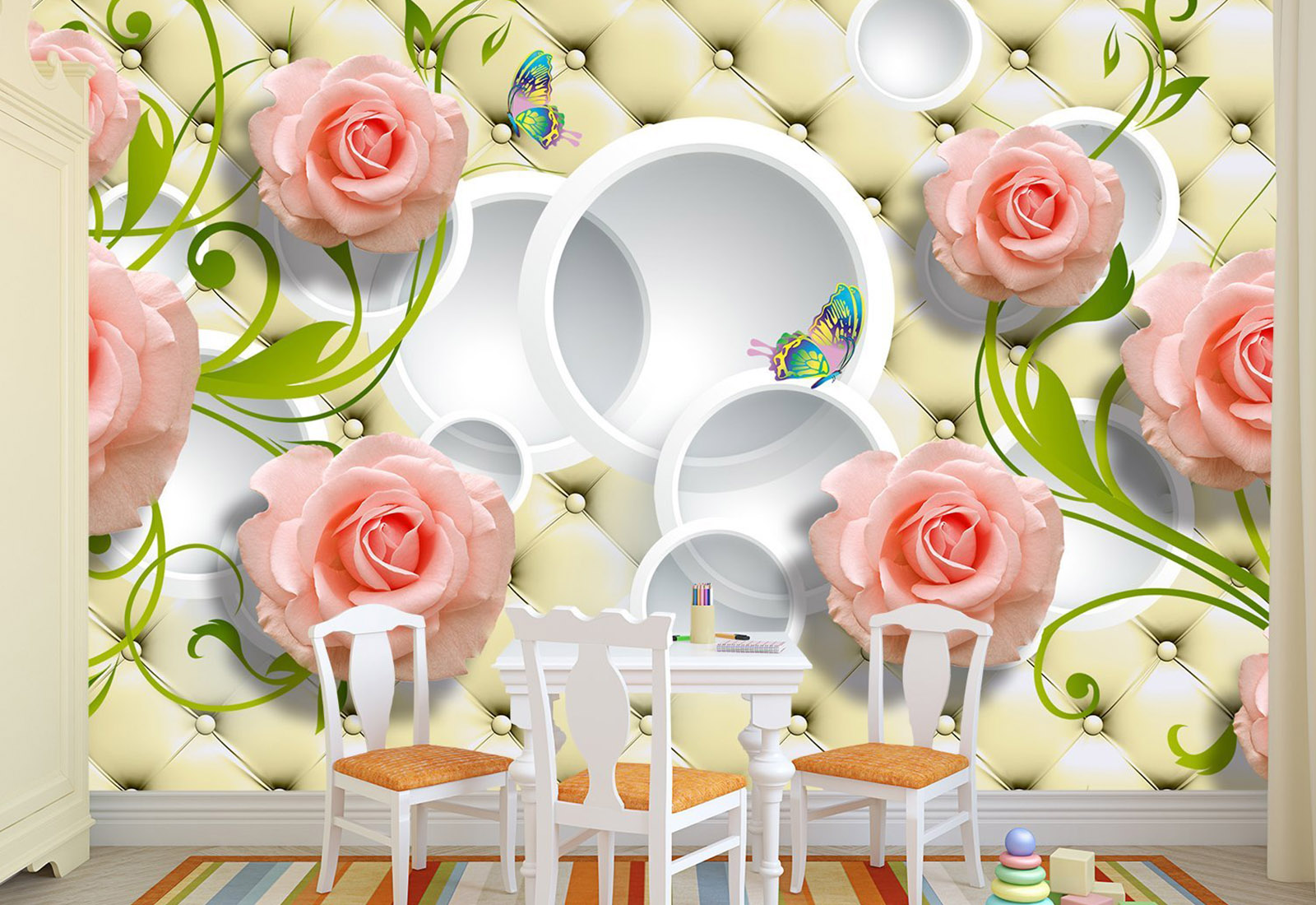 Fototapet cu efect 3D - Efectul unui material întins cu cercuri si trandafiri