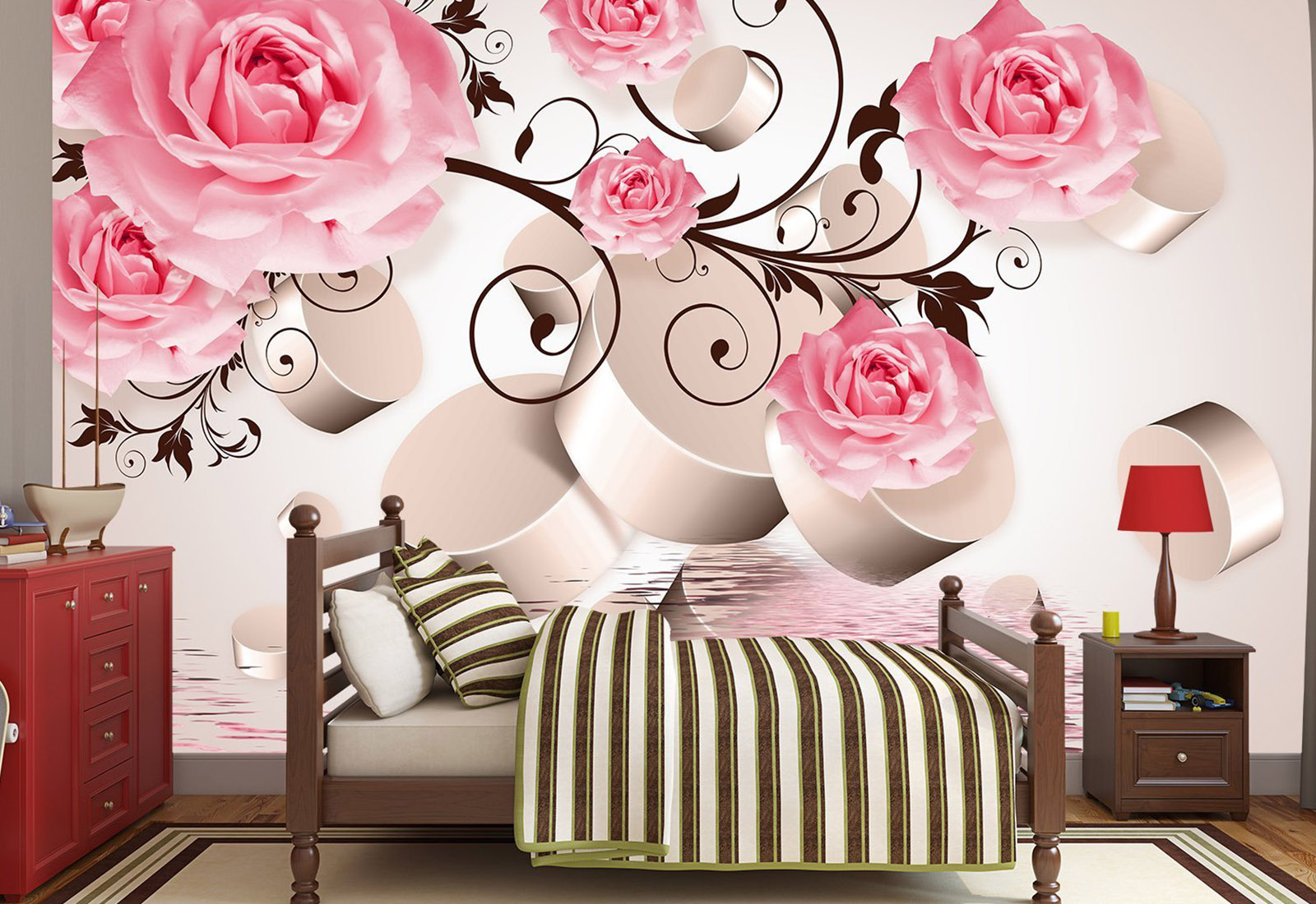 Фотообои с 3D эффектом - Цилиндры, розы