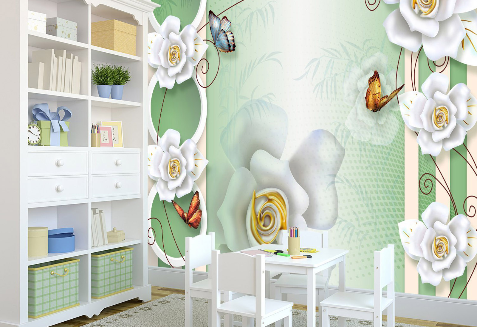 Fototapet cu efect 3D - Cercuri cu trandafiri din porțelan