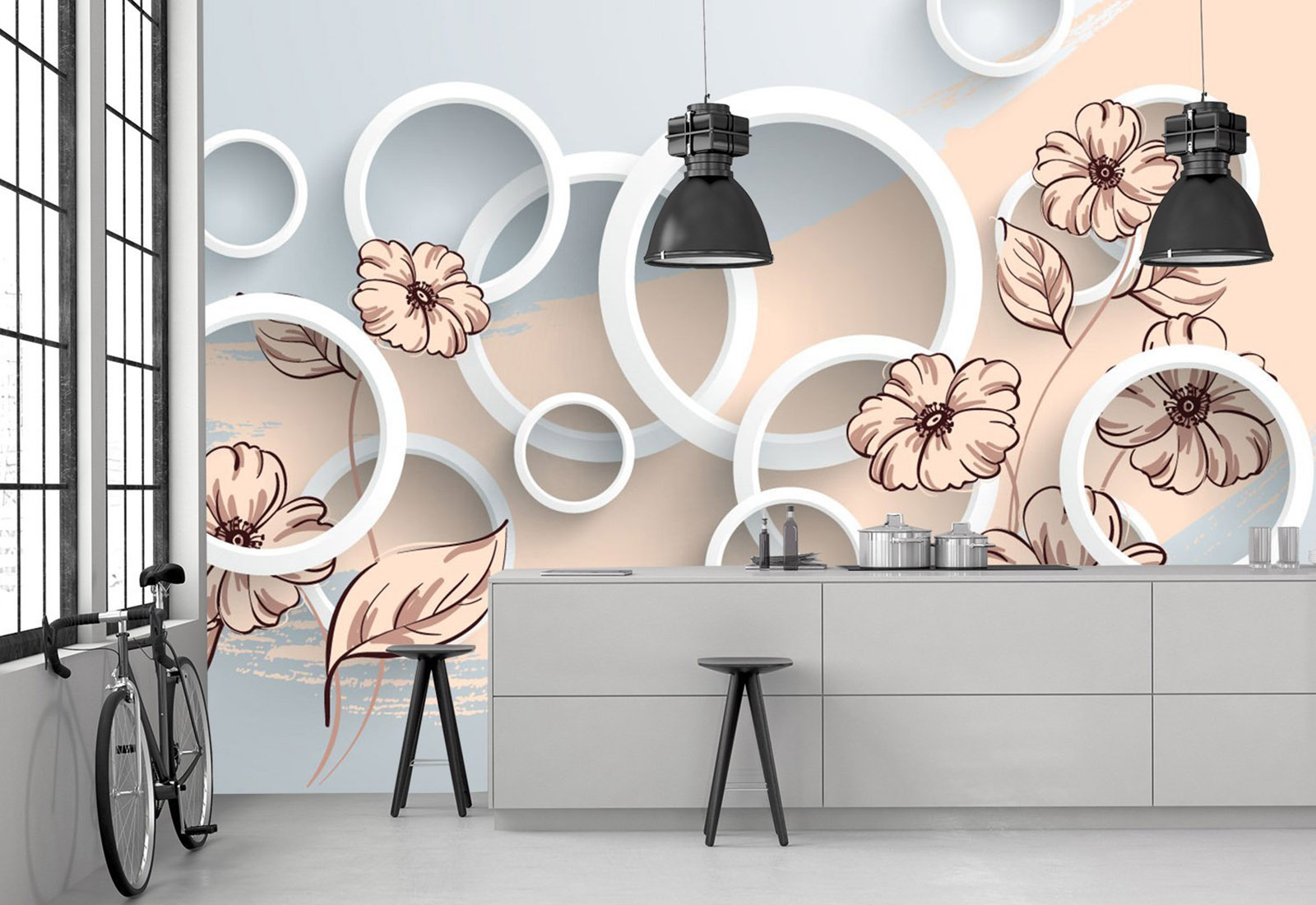 Фотообои с 3D эффектом - Круги на сером фоне с цветами