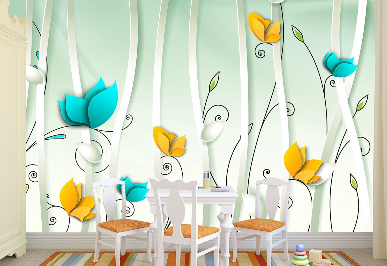 Фотообои с 3D эффектом - Завитки на светлом фоне с цветами