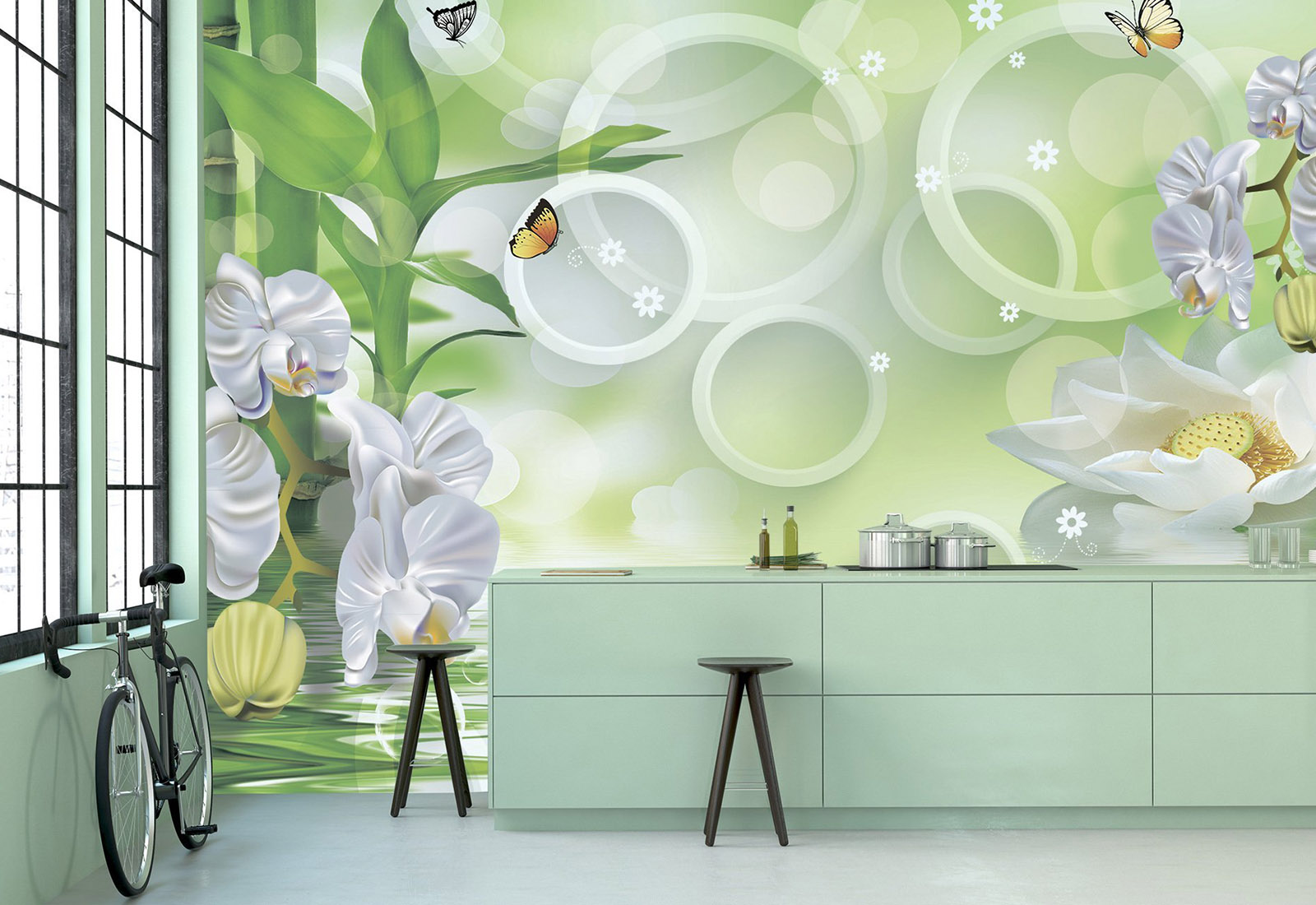 Фотообои с 3D эффектом - Круги, белые и Орхидеи(2)