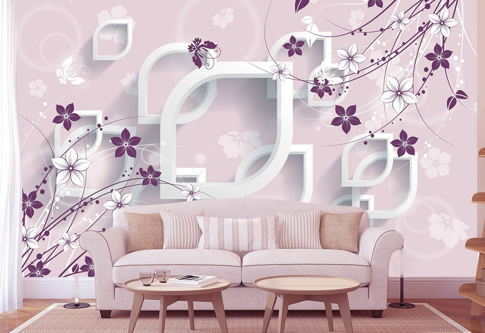 Fototapet cu efect 3D - Rombi albi pe fundal roz