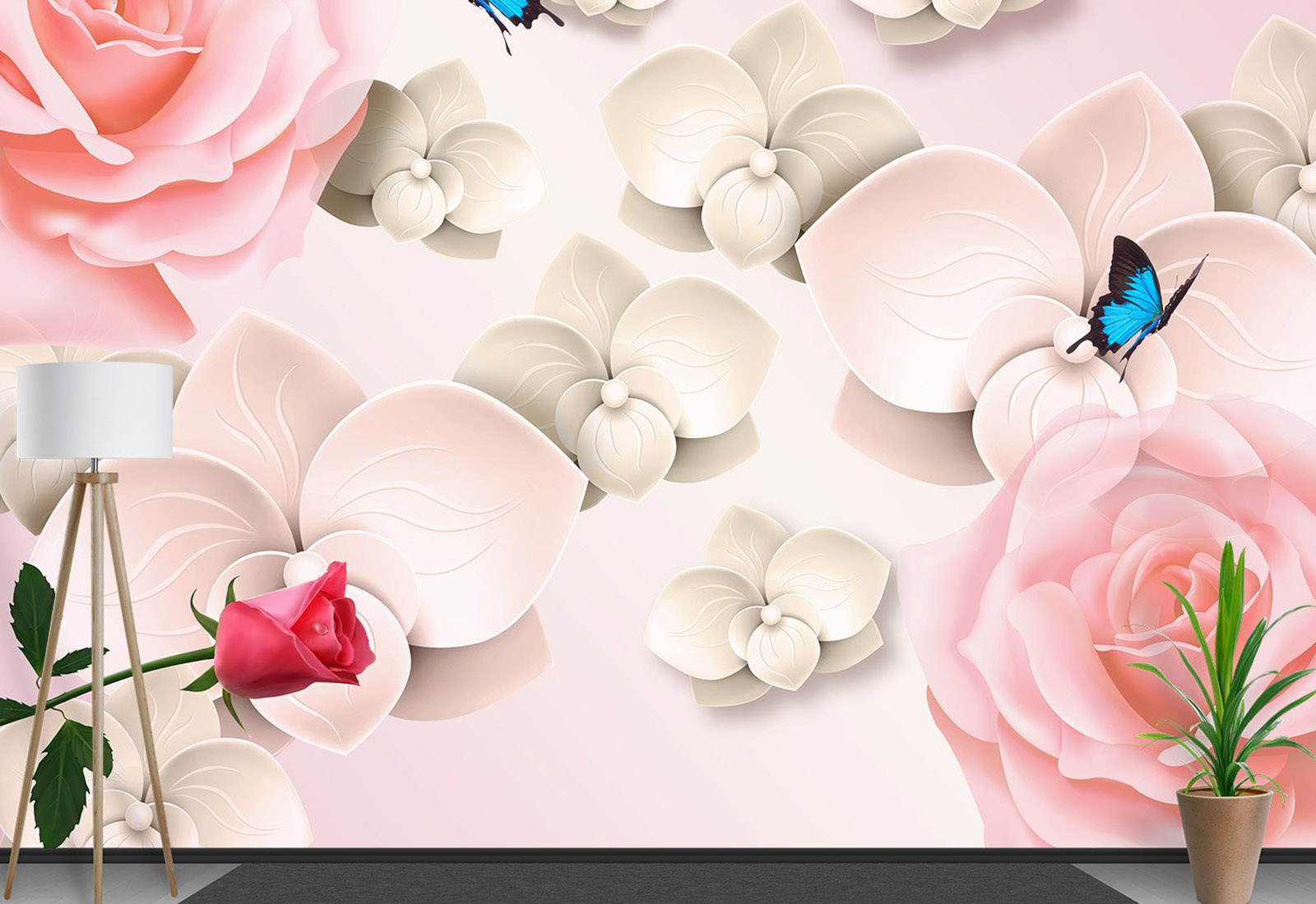 Fototapet cu efect 3D - Trandafiri, Orhidee, Fluturi