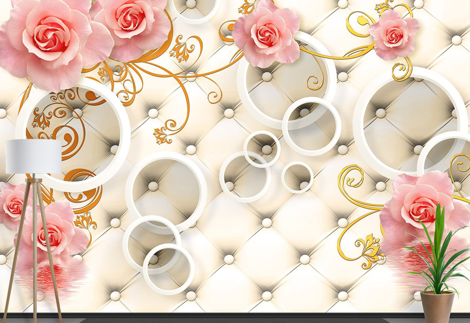 Fototapet cu efect 3D - Trandafiri cu cercuri pe fundal deschis