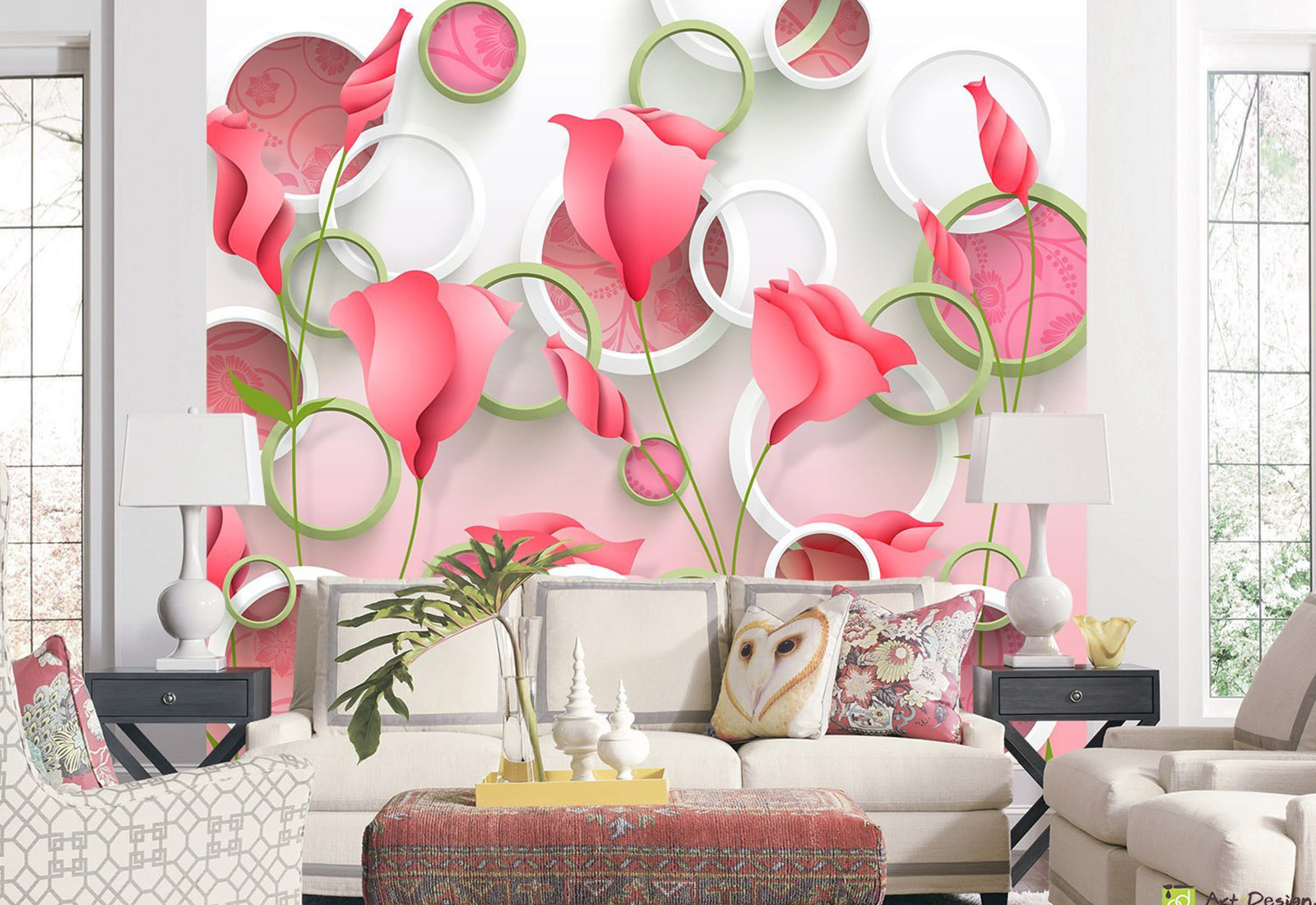 Fototapet cu efect 3D - Cercuri pe fundal roz cu flori_2