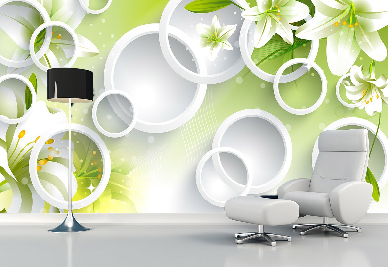 Фотообои с 3D эффектом - Белые Круги и Лилии