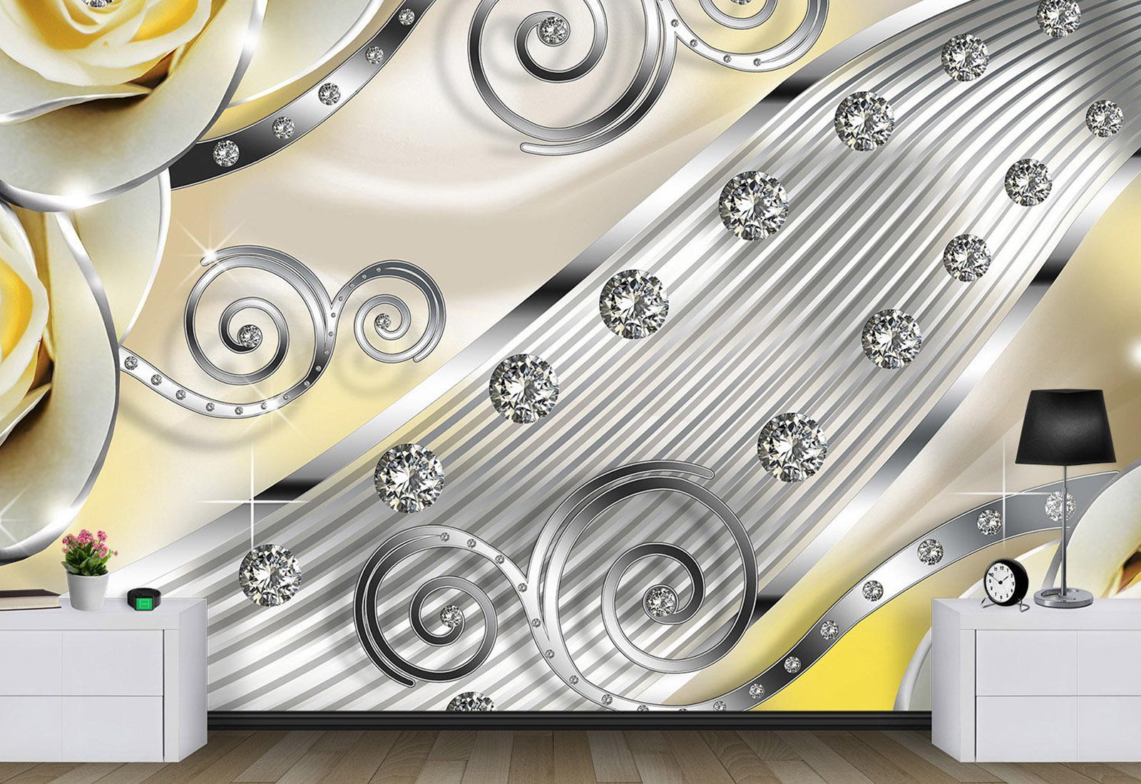 Fototapet la comandă, Digital - Trandafiri galbeni cu diamante