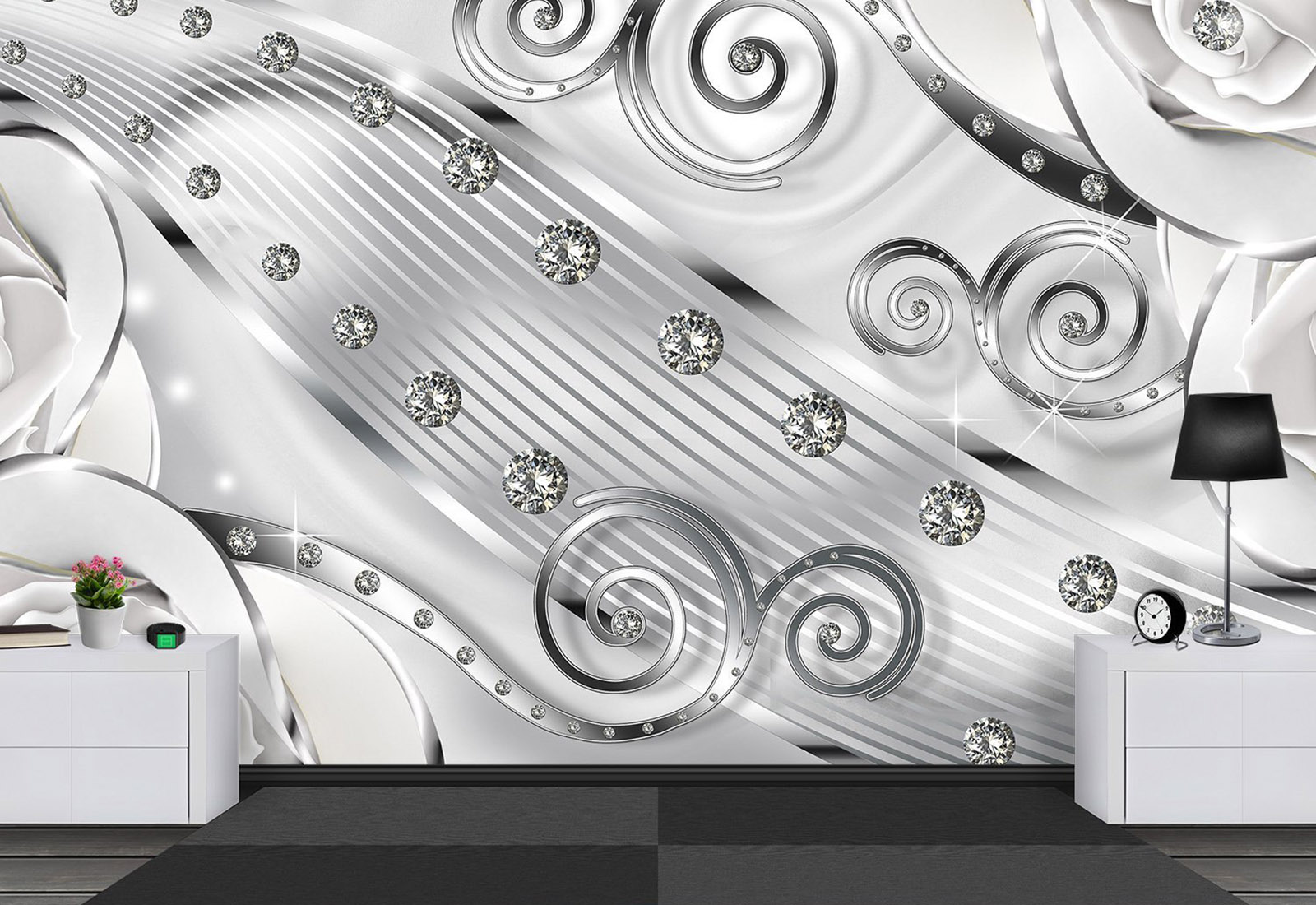 Fototapet la comandă, Digital - Trandafiri albi cu diamante