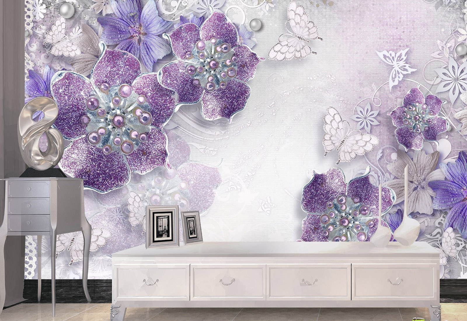 Fototapet la comandă, Digital - Flori și fluturi pe un fundal violet