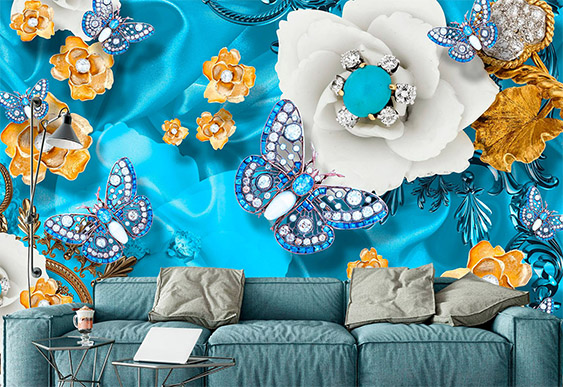 Fototapet cu efectul 3D - Cercuri, Clematis alb pe mătasa